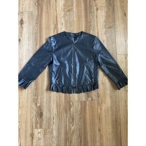 Zara Basic‎ Outerwear Women's Med Jacket Black Faux Leather 3/4 Sleeve Ruffles